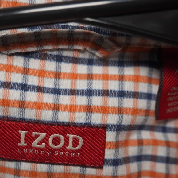 Izod Mens Orange And Blue Plaid Short Sleeve Button Down Collar Shirt Size XL - Picture 5 of 5